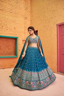 Teal Blue Georgette thread and Sequins embroidery work party wear lehenga choli. 1