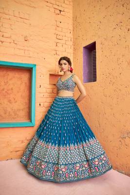 Teal Blue Georgette thread and Sequins embroidery work party wear lehenga choli. 2