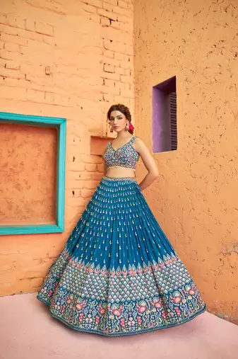 Teal Blue Georgette thread and Sequins embroidery work party wear lehenga choli.