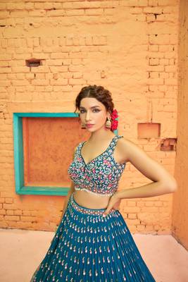 Teal Blue Georgette thread and Sequins embroidery work party wear lehenga choli. 3