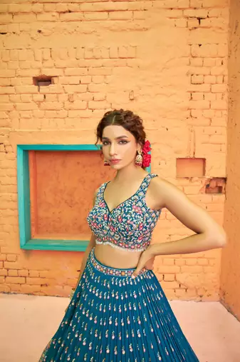 Teal Blue Georgette thread and Sequins embroidery work party wear lehenga choli.