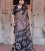 Dusty rose pink silk blend batik print golden zari border saree with unstitched blouse piece