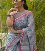 Light dusty blue cotton blend floral print golden woven border saree with unstitched blouse piece