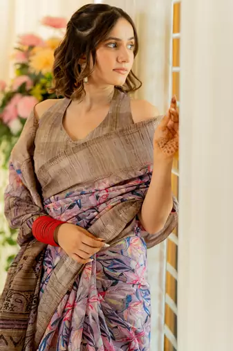 Dusty rose pink cotton blend floral print golden woven border saree with unstitched blouse piece