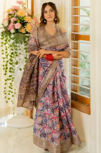 Dusty rose pink cotton blend floral print golden woven border saree with unstitched blouse piece