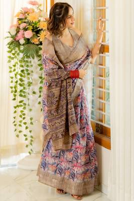 Dusty rose pink cotton blend floral print golden woven border saree with unstitched blouse piece 1