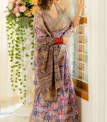 Dusty rose pink cotton blend floral print golden woven border saree with unstitched blouse piece