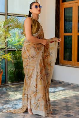 Beige chiffon leaf print/floral print plain saree with unstitched blouse piece 1