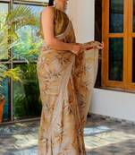 Beige chiffon leaf print/floral print plain saree with unstitched blouse piece