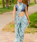 Light greyish blue chiffon leaf print/floral print plain saree with unstitched blouse piece