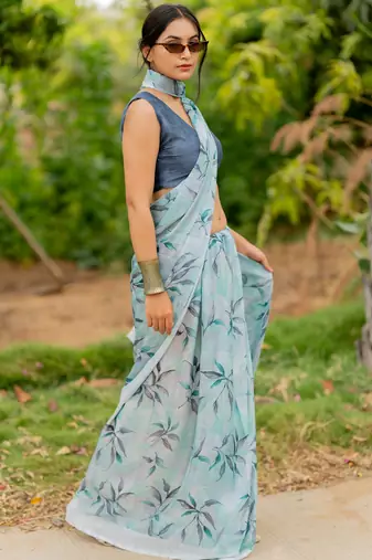 Light greyish blue chiffon leaf print/floral print plain saree with unstitched blouse piece