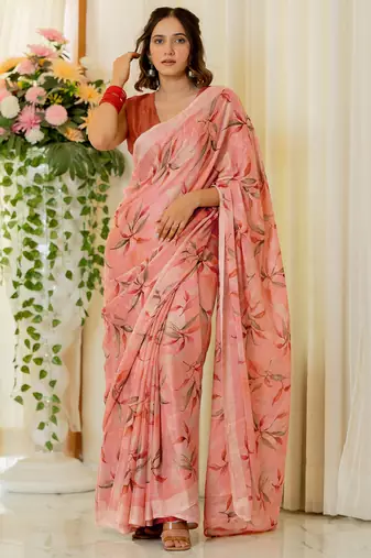 Peach pink chiffon leaf print/floral print plain saree with unstitched blouse piece