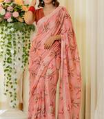 Peach pink chiffon leaf print/floral print plain saree with unstitched blouse piece