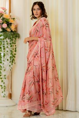 Peach pink chiffon leaf print/floral print plain saree with unstitched blouse piece 3