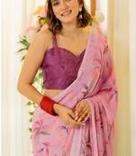 Light pink chiffon leaf print/floral print plain saree with unstitched blouse piece