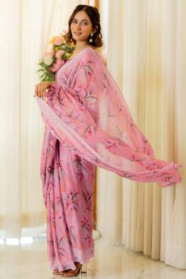 Light pink chiffon leaf print/floral print plain saree with unstitched blouse piece 3