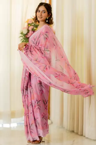 Light pink chiffon leaf print/floral print plain saree with unstitched blouse piece