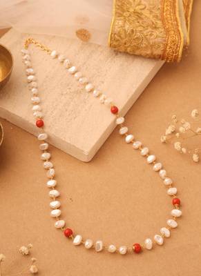 White Unshaped Pearl and Coral Beaded Necklace 1