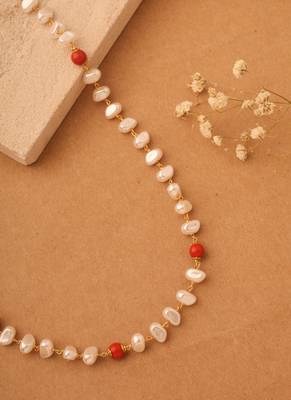 White Unshaped Pearl and Coral Beaded Necklace 3