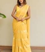 Light yellow georgette solid/ tassels golden zari woven border saree with unstitched blouse piece