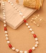 Natural Elegance: Necklace of Shapeless White Pearls with Orange-Red Accents