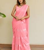 Peach pink georgette solid/ tassels golden zari woven border saree with unstitched blouse piece