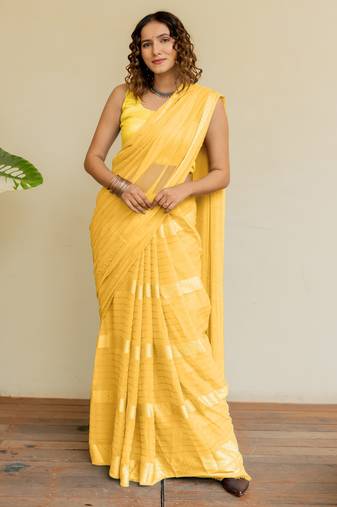 Yellow georgette golden zari woven border saree with unstitched blouse