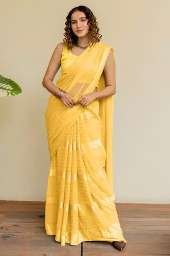 Yellow georgette golden zari woven border saree with unstitched blouse