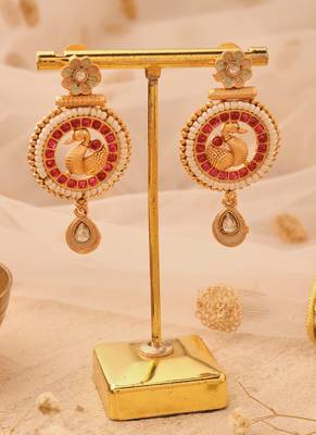 Gold-Plated Peacock Earrings with Red Stones & Pastel Flower Jhumkis 1