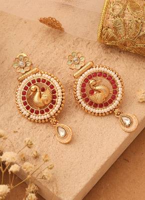 Gold-Plated Peacock Earrings with Red Stones & Pastel Flower Jhumkis 2