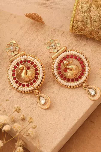 Gold-Plated Peacock Earrings with Red Stones & Pastel Flower Jhumkis