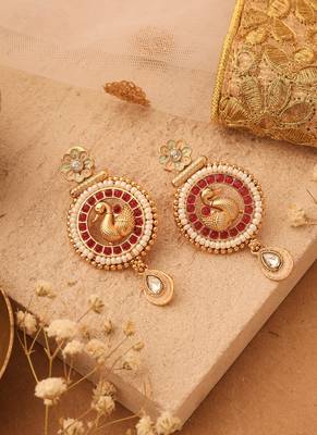 Gold-Plated Peacock Earrings with Red Stones & Pastel Flower Jhumkis 3
