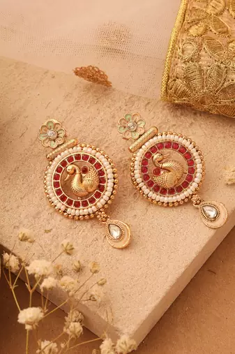 Gold-Plated Peacock Earrings with Red Stones & Pastel Flower Jhumkis