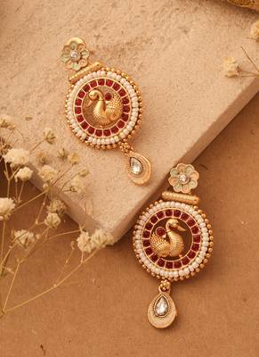 Gold-Plated Peacock Earrings with Red Stones & Pastel Flower Jhumkis 4