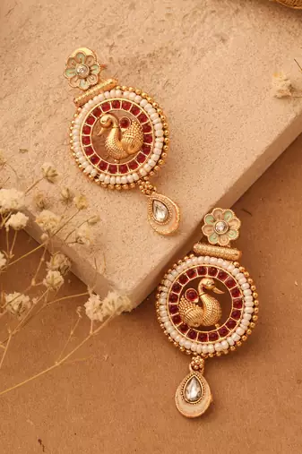 Gold-Plated Peacock Earrings with Red Stones & Pastel Flower Jhumkis
