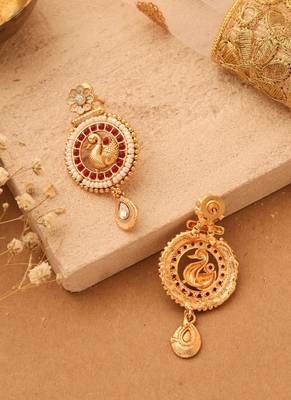 Gold-Plated Peacock Earrings with Red Stones & Pastel Flower Jhumkis 5