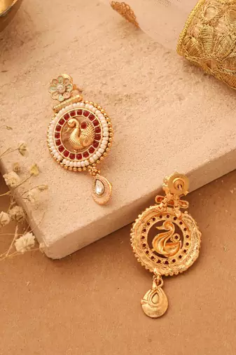 Gold-Plated Peacock Earrings with Red Stones & Pastel Flower Jhumkis