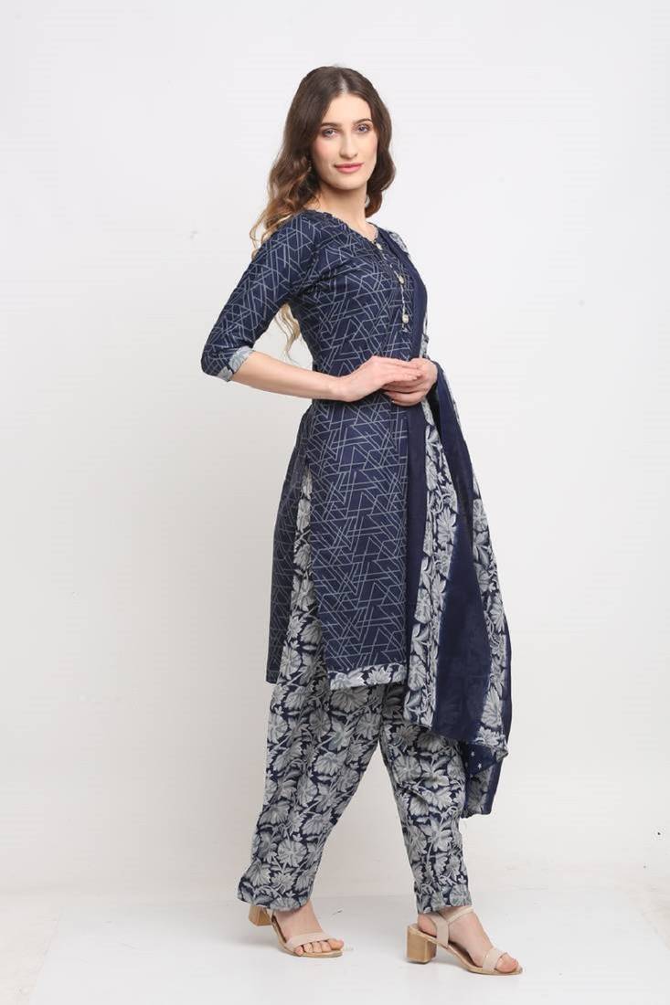 Blue Cotton Blend Printed Ready to Wear Salwar Suit