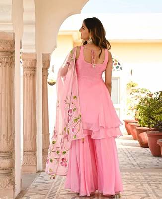 Elegant Pink Faux Georgette umberella flared kurta set 2