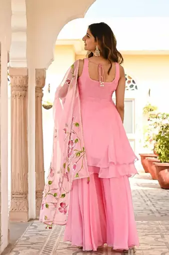 Elegant Pink Faux Georgette umberella flared kurta set