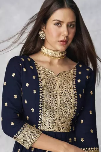 Navy Blue embroidered Nyra Cut ethnic set.