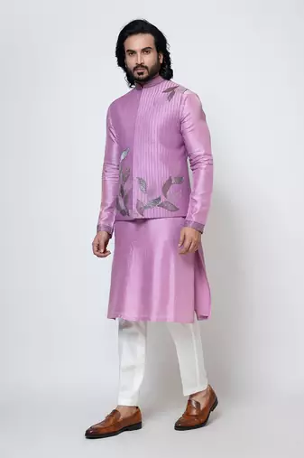 Purple silk nehru jacket set