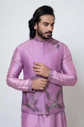 Purple silk nehru jacket set