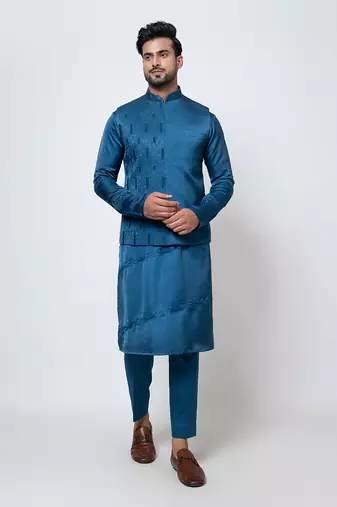 Pacific blue satin nehru jacket