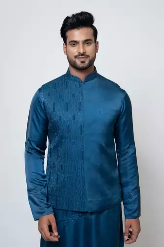 Pacific blue satin nehru jacket