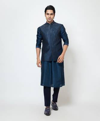 Navy blue silk nehru jacket 1