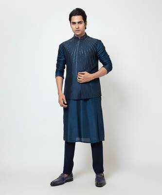 Navy blue silk nehru jacket 2