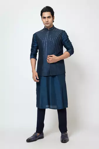 Navy blue silk nehru jacket