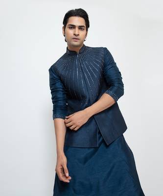 Navy blue silk nehru jacket 3