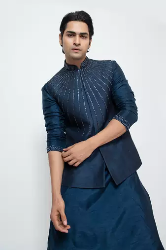 Navy blue silk nehru jacket